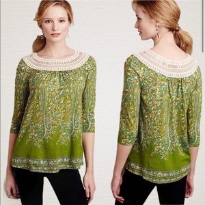 Anthropologie Meadow Rue Earthly Delights Peasant Top Green Boho
